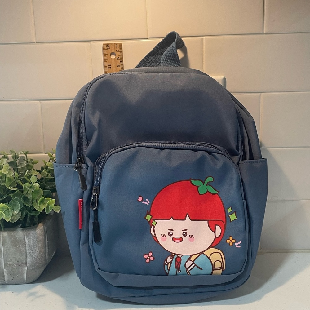 Blue Kids Backpack with Cartoon Anime Design and Zippered Pouch and Side Pockets